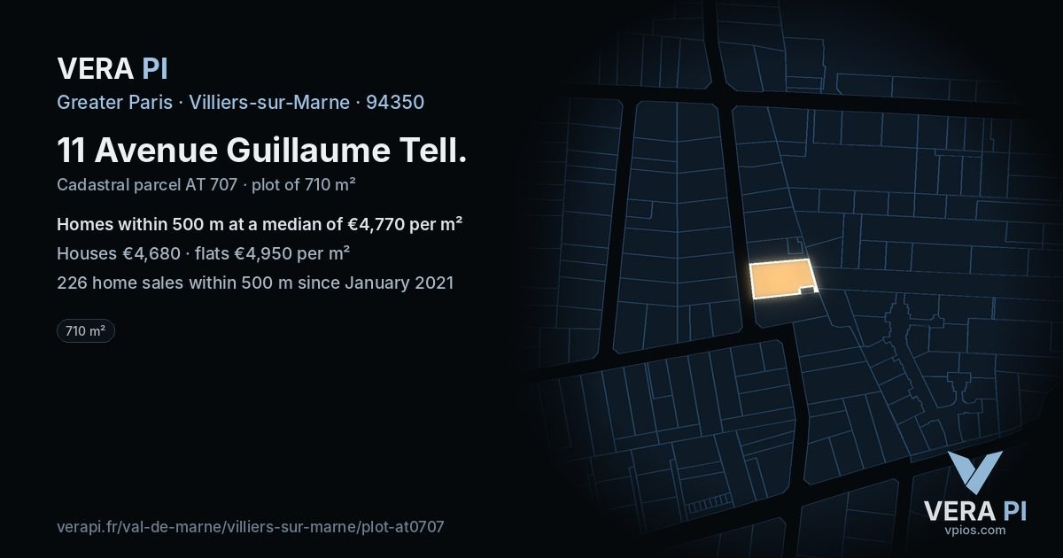 11 Avenue Guillaume Tell, Villiers-sur-Marne at night – the plot lit, the parcels around coloured by the prices near them