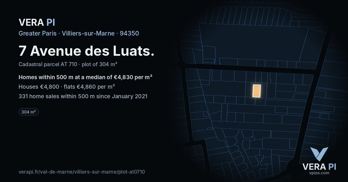 7 Avenue des Luats, Villiers-sur-Marne at night – the plot lit, the parcels around coloured by the prices near them