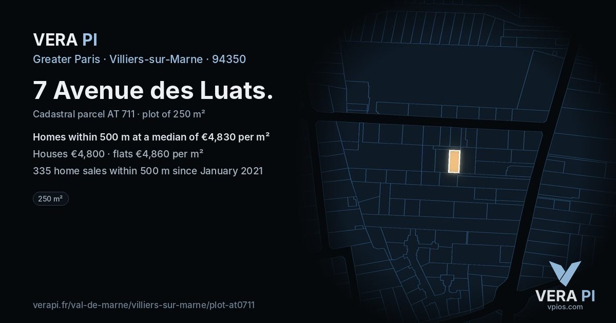 7 Avenue des Luats, Villiers-sur-Marne at night – the plot lit, the parcels around coloured by the prices near them