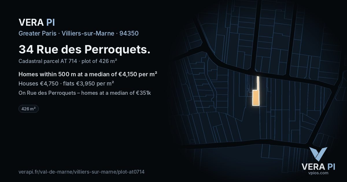34 Rue des Perroquets, Villiers-sur-Marne at night – the plot lit, the parcels around coloured by the prices near them