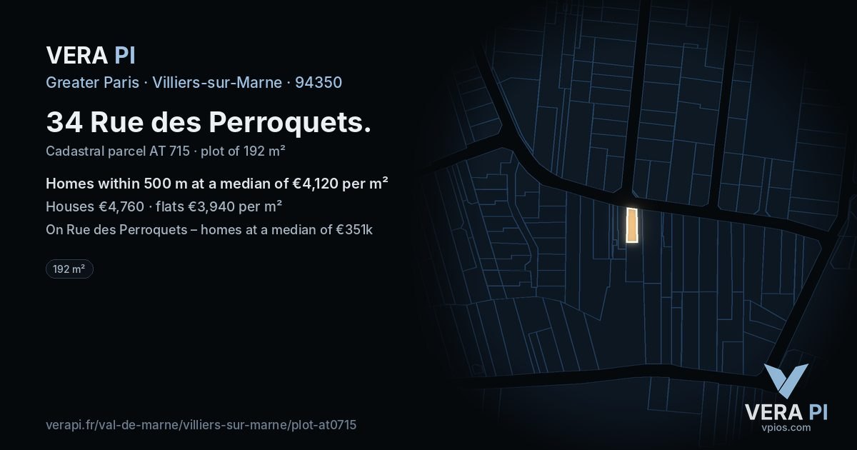 34 Rue des Perroquets, Villiers-sur-Marne at night – the plot lit, the parcels around coloured by the prices near them