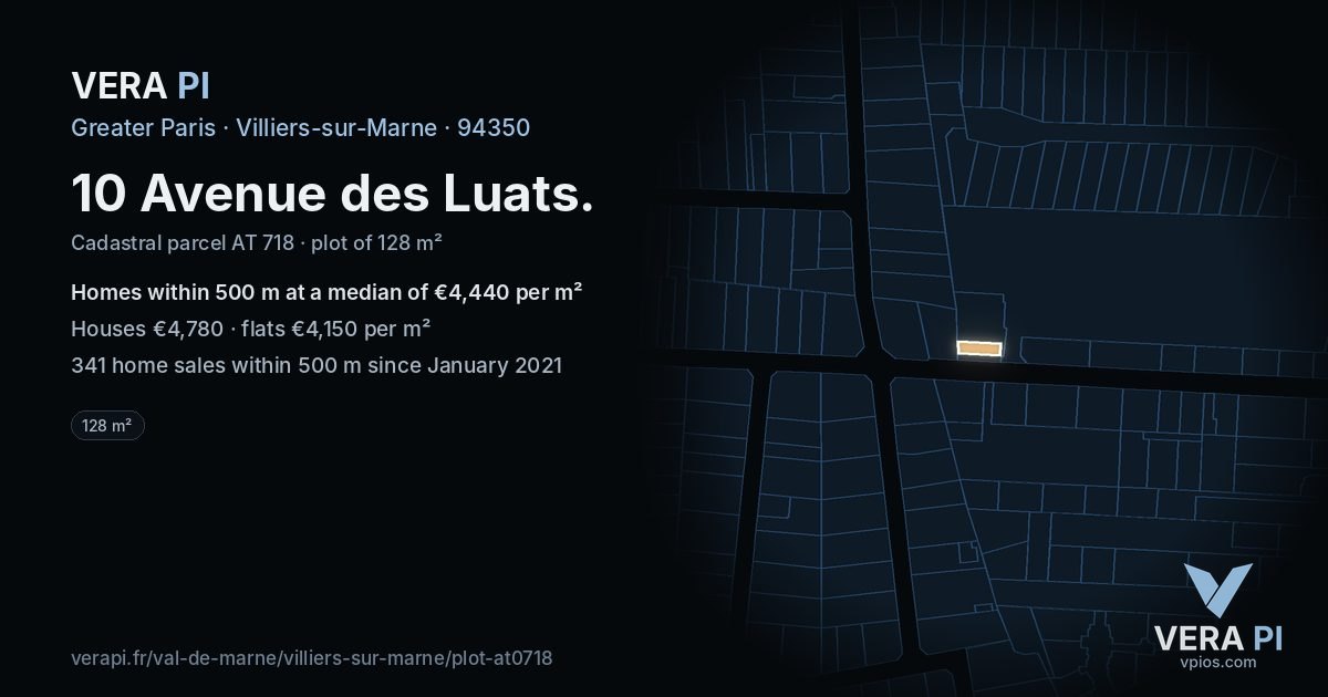 10 Avenue des Luats, Villiers-sur-Marne at night – the plot lit, the parcels around coloured by the prices near them