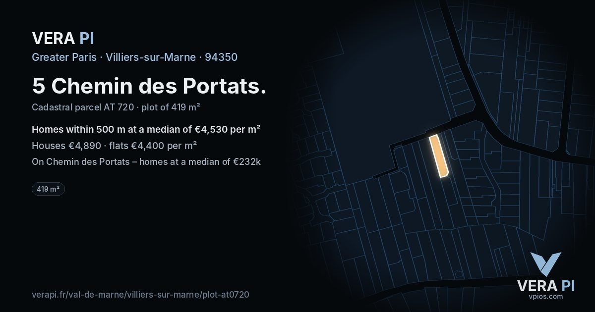 5 Chemin des Portats, Villiers-sur-Marne at night – the plot lit, the parcels around coloured by the prices near them
