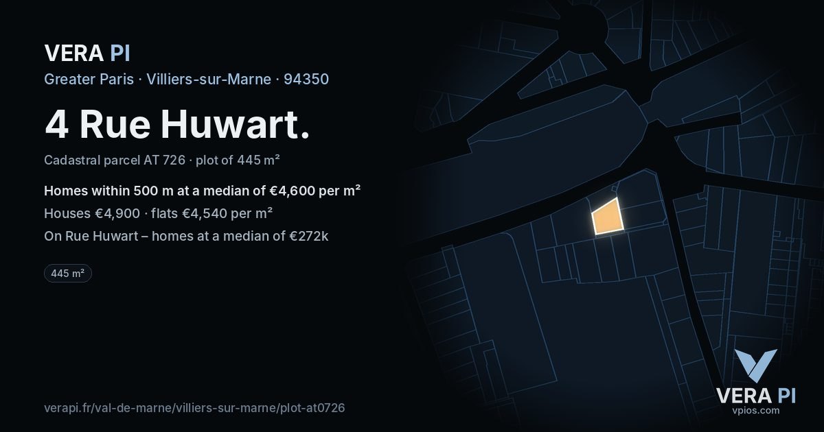 4 Rue Huwart, Villiers-sur-Marne at night – the plot lit, the parcels around coloured by the prices near them