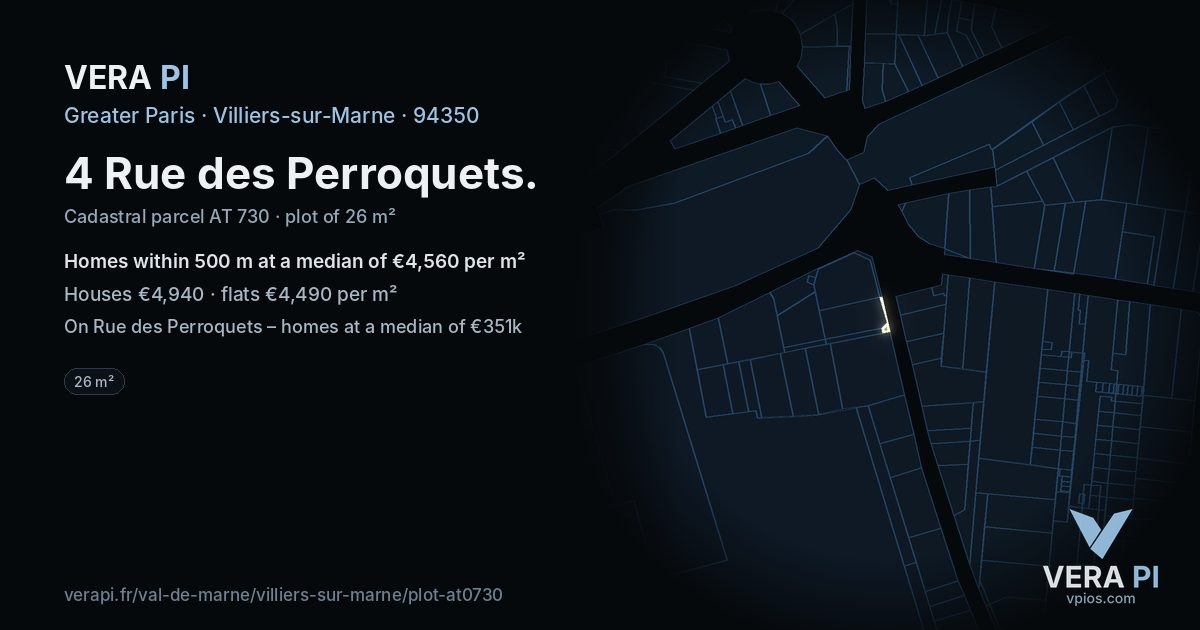 4 Rue des Perroquets, Villiers-sur-Marne at night – the plot lit, the parcels around coloured by the prices near them