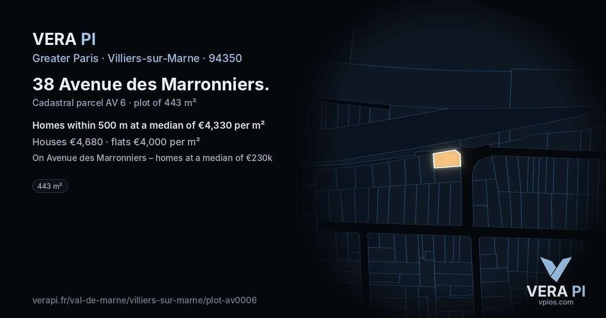 38 Avenue des Marronniers, Villiers-sur-Marne at night – the plot lit, the parcels around coloured by the prices near them