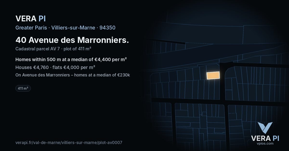 40 Avenue des Marronniers, Villiers-sur-Marne at night – the plot lit, the parcels around coloured by the prices near them