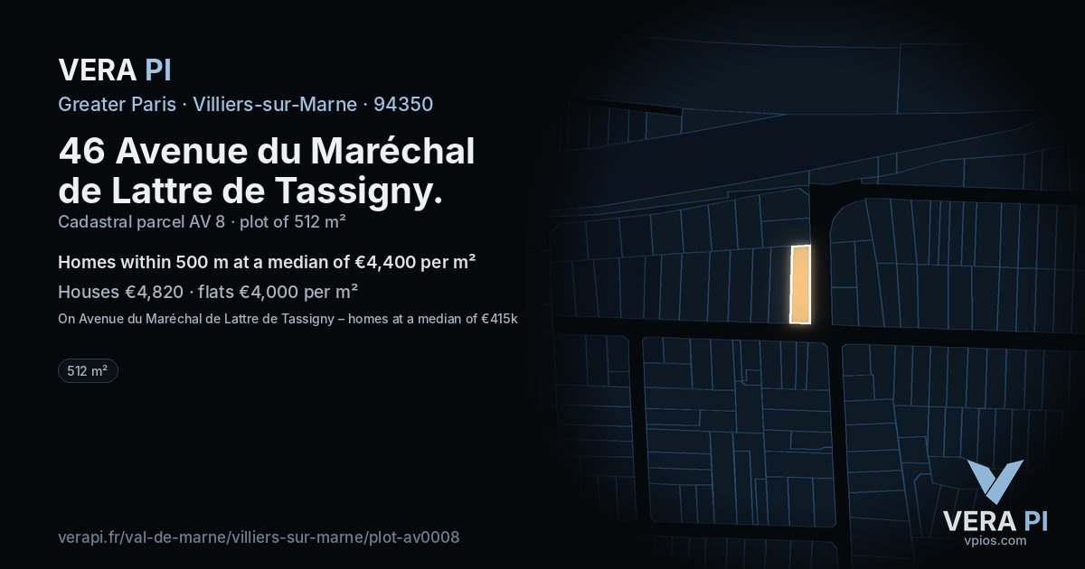 46 Avenue du Maréchal de Lattre de Tassigny, Villiers-sur-Marne at night – the plot lit, the parcels around coloured by the prices near them