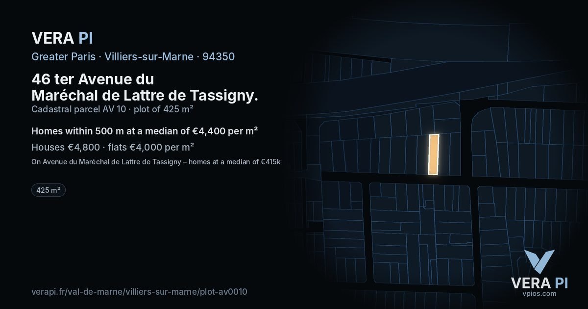46 ter Avenue du Maréchal de Lattre de Tassigny, Villiers-sur-Marne at night – the plot lit, the parcels around coloured by the prices near them