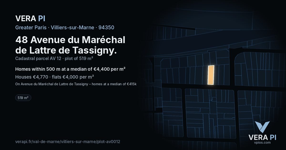48 Avenue du Maréchal de Lattre de Tassigny, Villiers-sur-Marne at night – the plot lit, the parcels around coloured by the prices near them