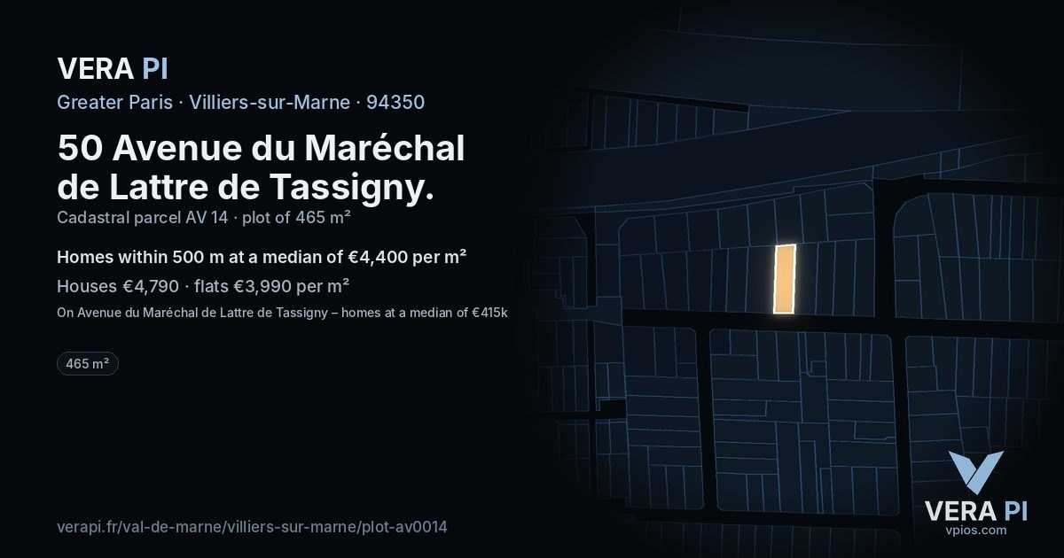 50 Avenue du Maréchal de Lattre de Tassigny, Villiers-sur-Marne at night – the plot lit, the parcels around coloured by the prices near them