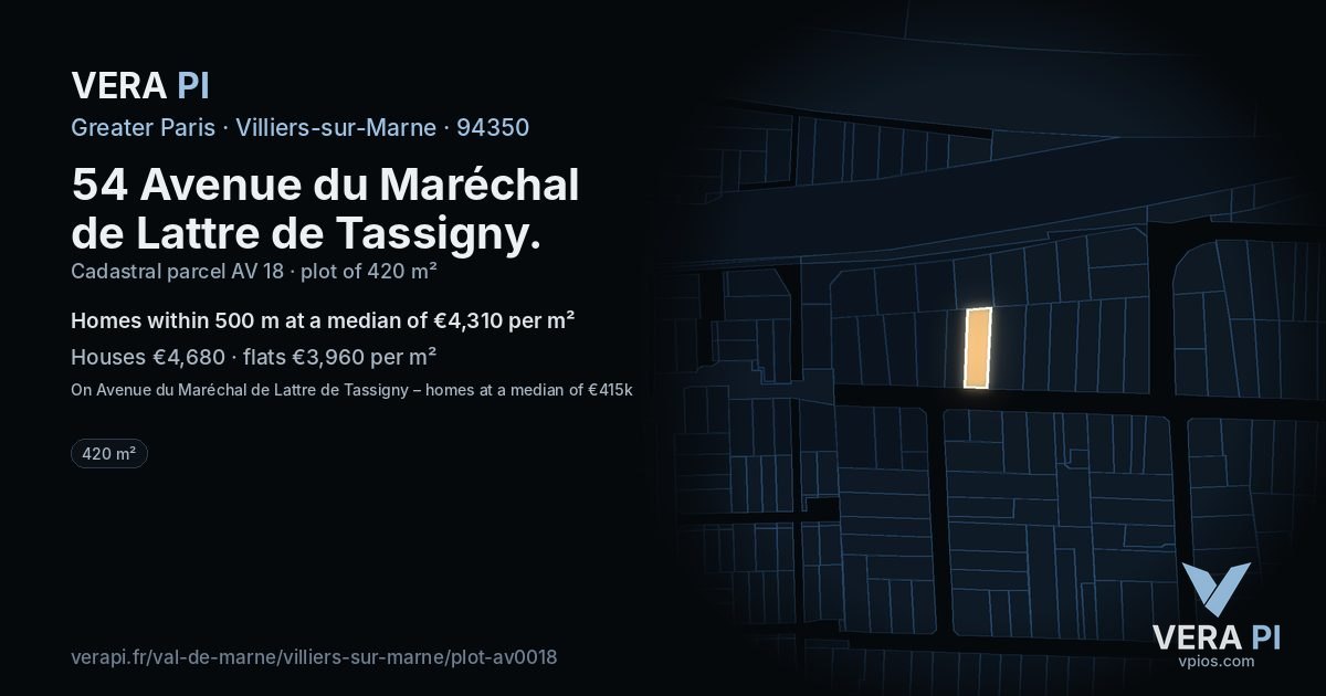 54 Avenue du Maréchal de Lattre de Tassigny, Villiers-sur-Marne at night – the plot lit, the parcels around coloured by the prices near them