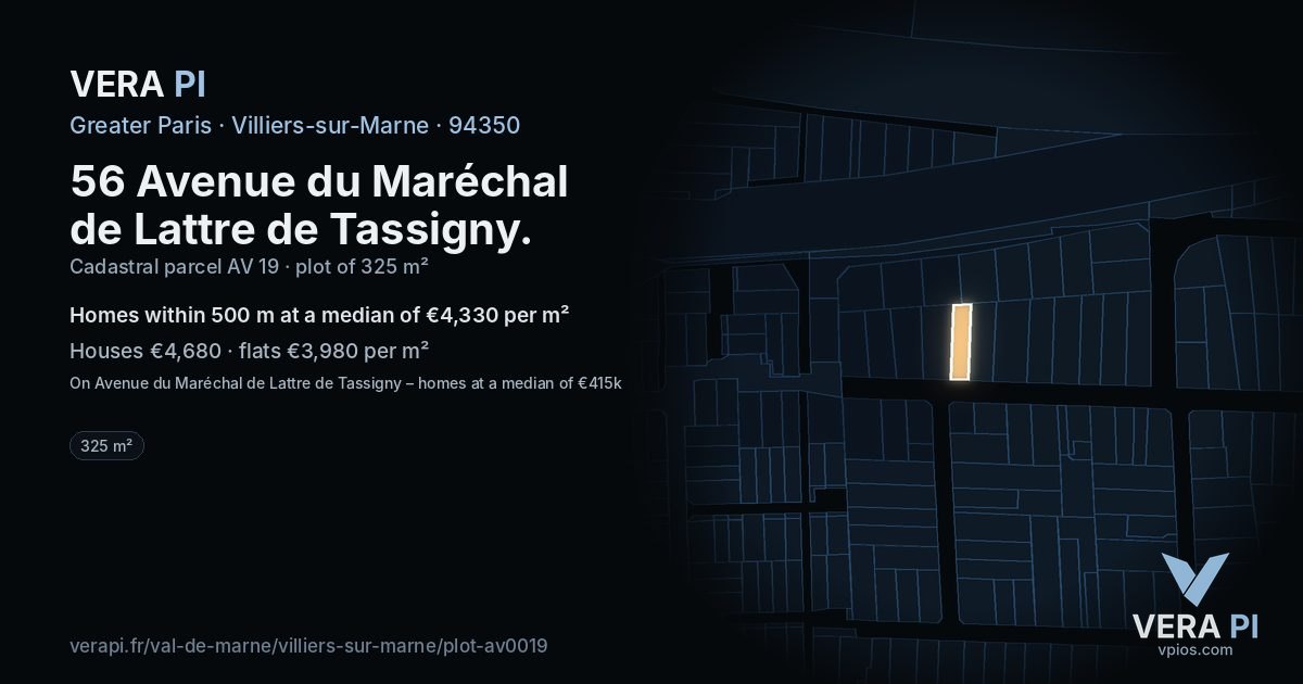 56 Avenue du Maréchal de Lattre de Tassigny, Villiers-sur-Marne at night – the plot lit, the parcels around coloured by the prices near them