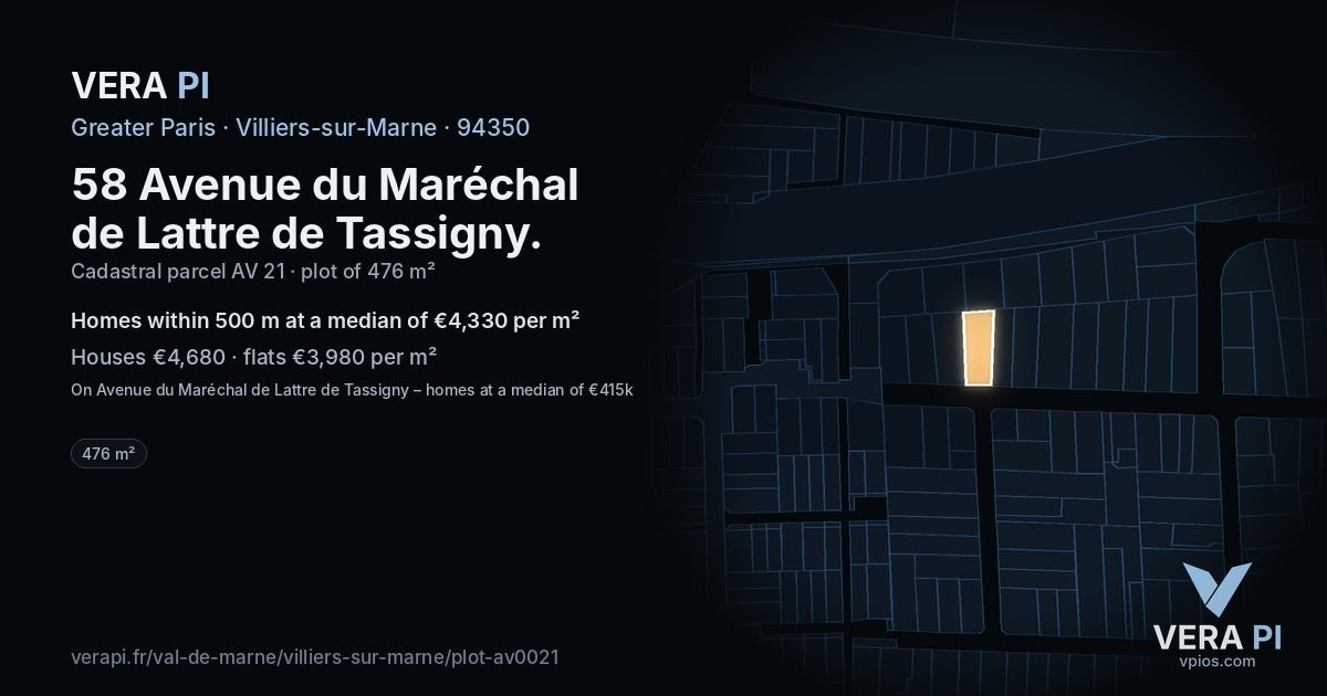 58 Avenue du Maréchal de Lattre de Tassigny, Villiers-sur-Marne at night – the plot lit, the parcels around coloured by the prices near them