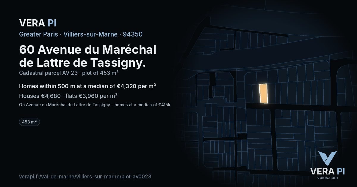 60 Avenue du Maréchal de Lattre de Tassigny, Villiers-sur-Marne at night – the plot lit, the parcels around coloured by the prices near them