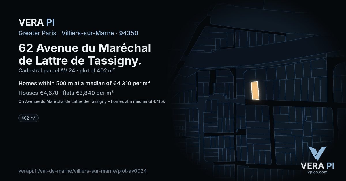 62 Avenue du Maréchal de Lattre de Tassigny, Villiers-sur-Marne at night – the plot lit, the parcels around coloured by the prices near them