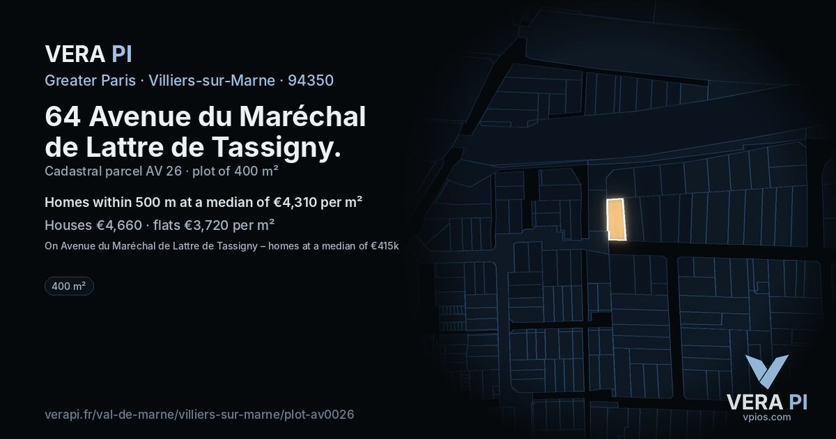 64 Avenue du Maréchal de Lattre de Tassigny, Villiers-sur-Marne at night – the plot lit, the parcels around coloured by the prices near them
