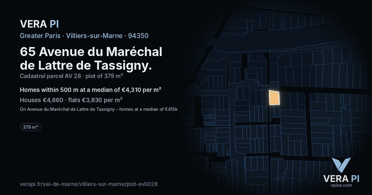 65 Avenue du Maréchal de Lattre de Tassigny, Villiers-sur-Marne at night – the plot lit, the parcels around coloured by the prices near them