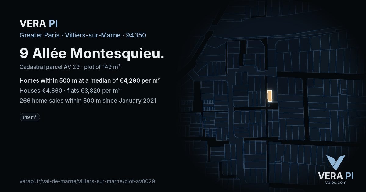 9 Allée Montesquieu, Villiers-sur-Marne at night – the plot lit, the parcels around coloured by the prices near them