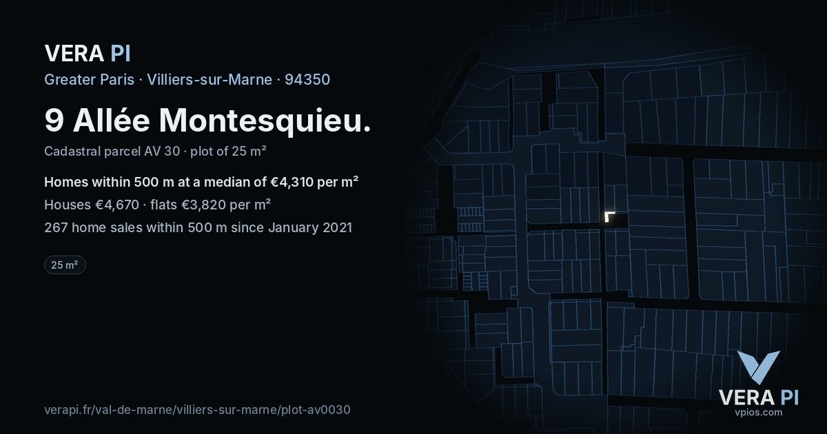 9 Allée Montesquieu, Villiers-sur-Marne at night – the plot lit, the parcels around coloured by the prices near them