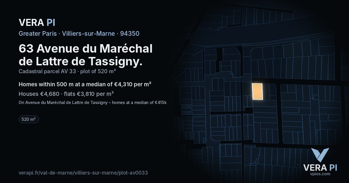 63 Avenue du Maréchal de Lattre de Tassigny, Villiers-sur-Marne at night – the plot lit, the parcels around coloured by the prices near them