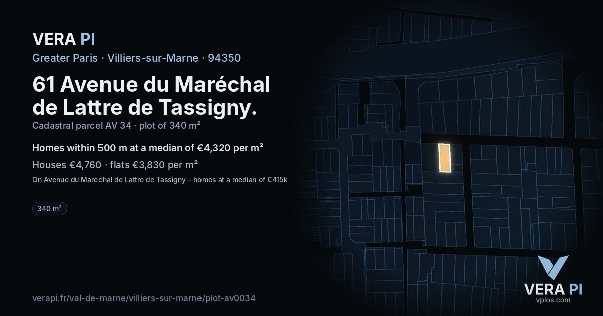 61 Avenue du Maréchal de Lattre de Tassigny, Villiers-sur-Marne at night – the plot lit, the parcels around coloured by the prices near them