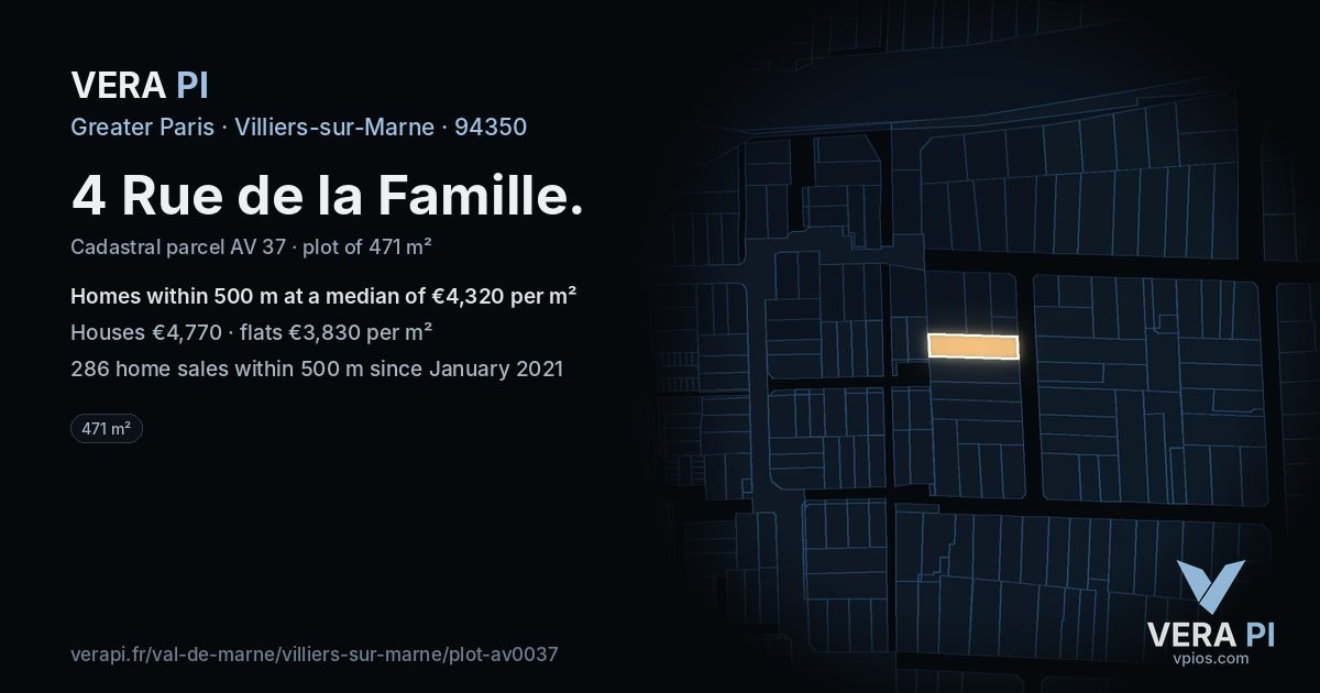 4 Rue de la Famille, Villiers-sur-Marne at night – the plot lit, the parcels around coloured by the prices near them