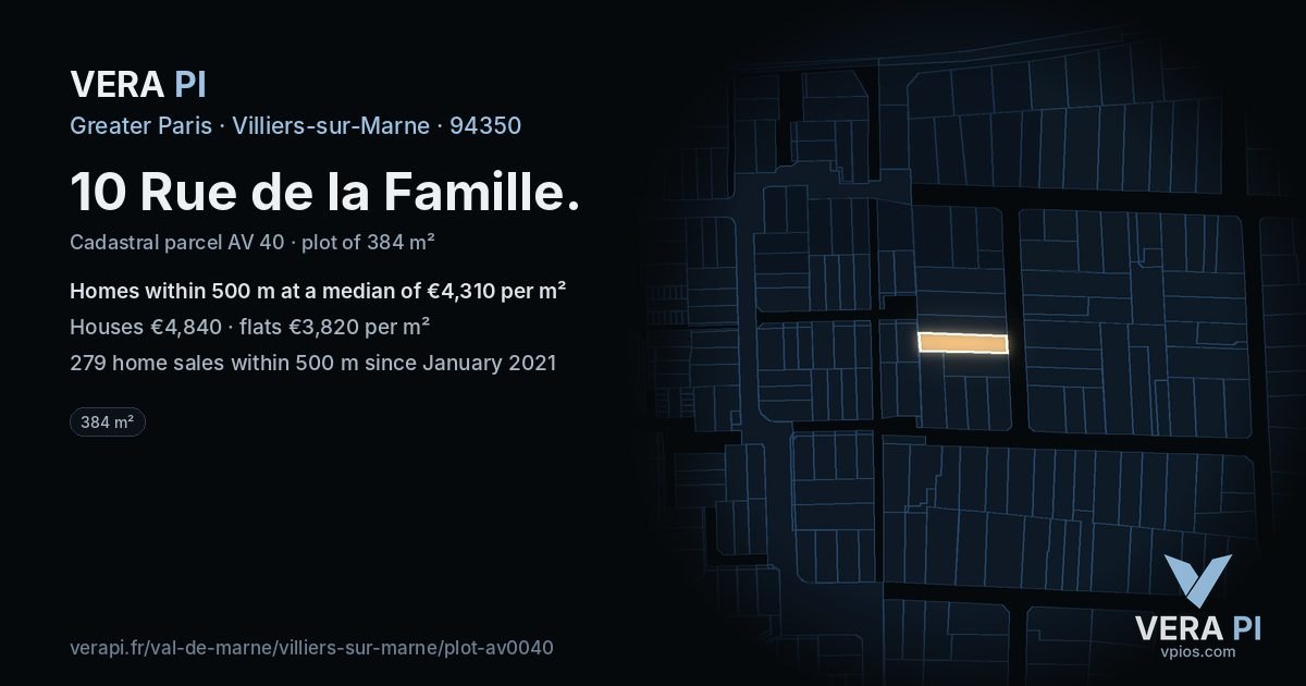 10 Rue de la Famille, Villiers-sur-Marne at night – the plot lit, the parcels around coloured by the prices near them