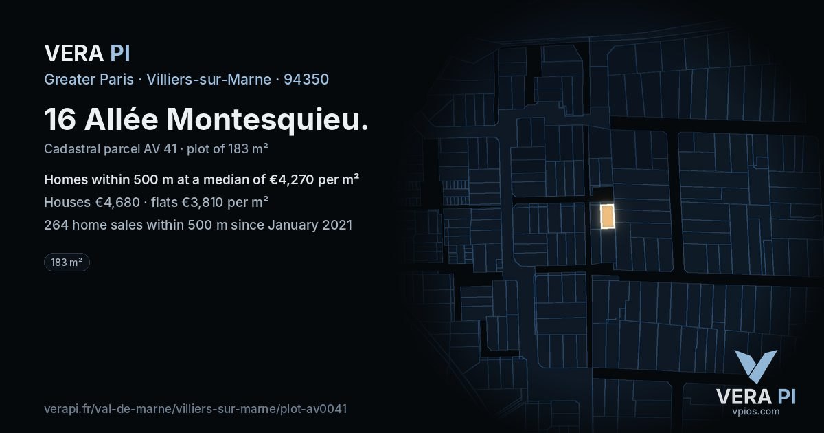 16 Allée Montesquieu, Villiers-sur-Marne at night – the plot lit, the parcels around coloured by the prices near them