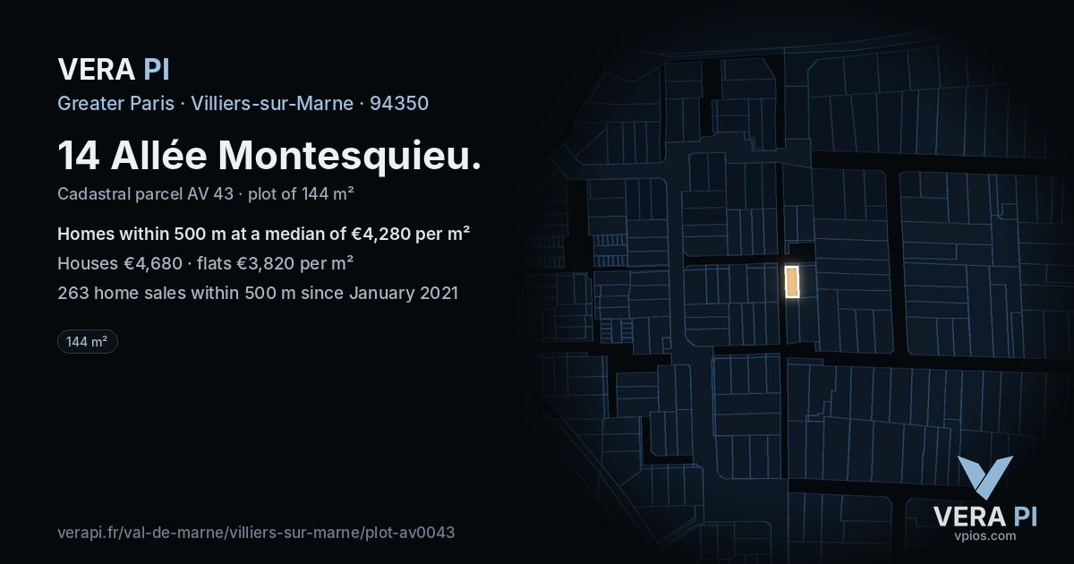 14 Allée Montesquieu, Villiers-sur-Marne at night – the plot lit, the parcels around coloured by the prices near them