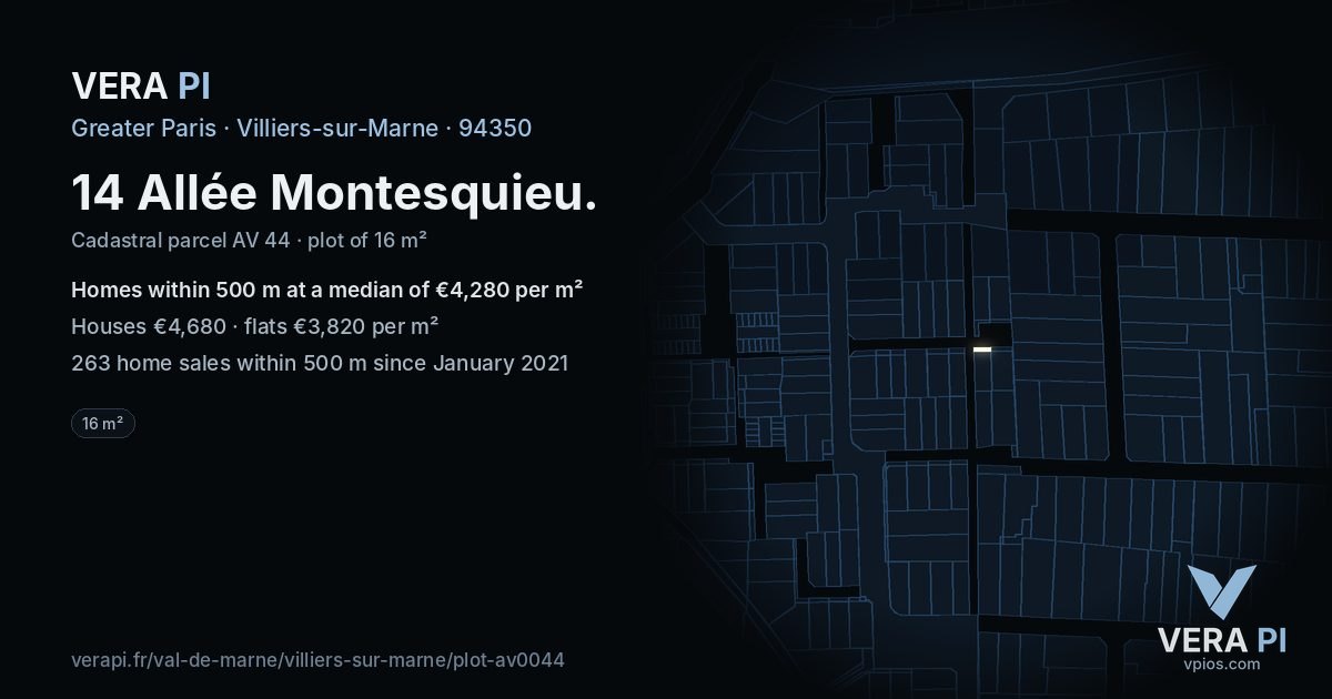 14 Allée Montesquieu, Villiers-sur-Marne at night – the plot lit, the parcels around coloured by the prices near them