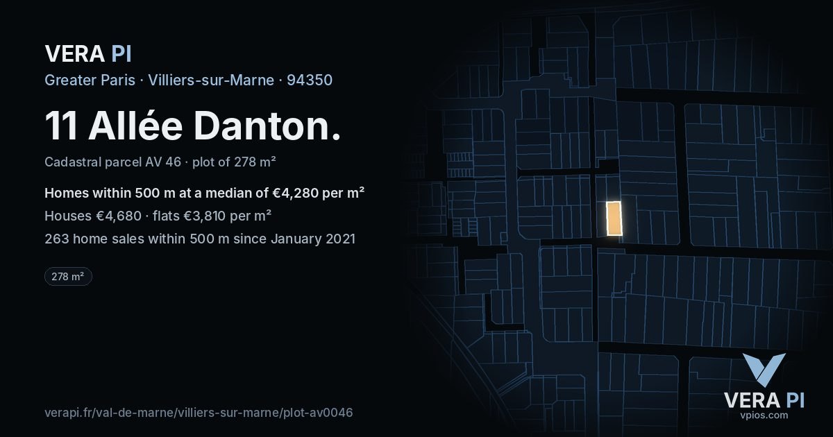 11 Allée Danton, Villiers-sur-Marne at night – the plot lit, the parcels around coloured by the prices near them