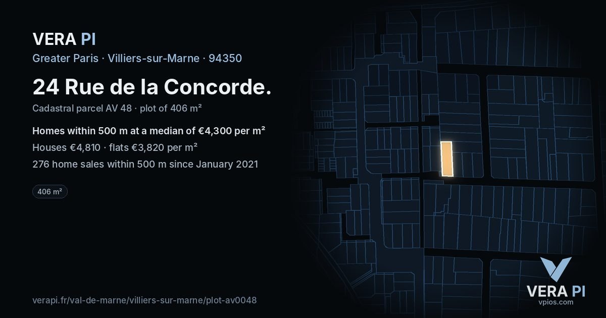 24 Rue de la Concorde, Villiers-sur-Marne at night – the plot lit, the parcels around coloured by the prices near them