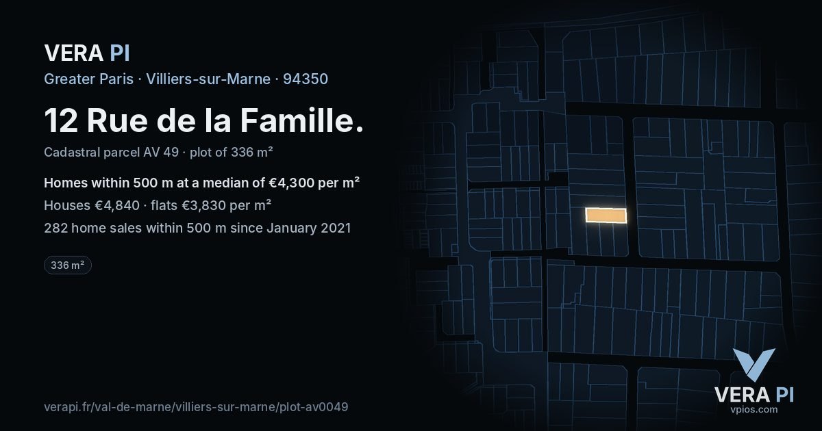 12 Rue de la Famille, Villiers-sur-Marne at night – the plot lit, the parcels around coloured by the prices near them
