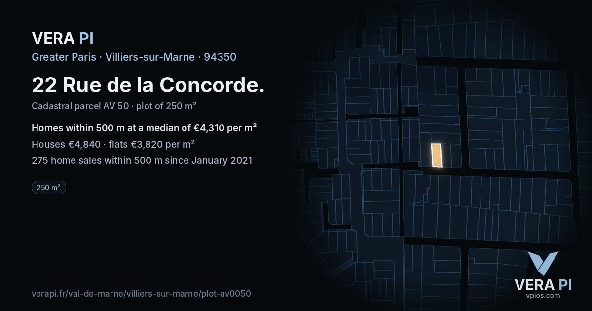 22 Rue de la Concorde, Villiers-sur-Marne at night – the plot lit, the parcels around coloured by the prices near them