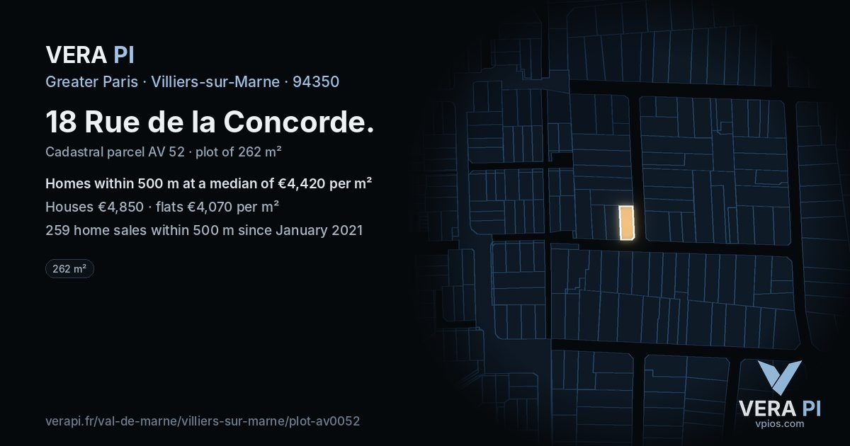 18 Rue de la Concorde, Villiers-sur-Marne at night – the plot lit, the parcels around coloured by the prices near them