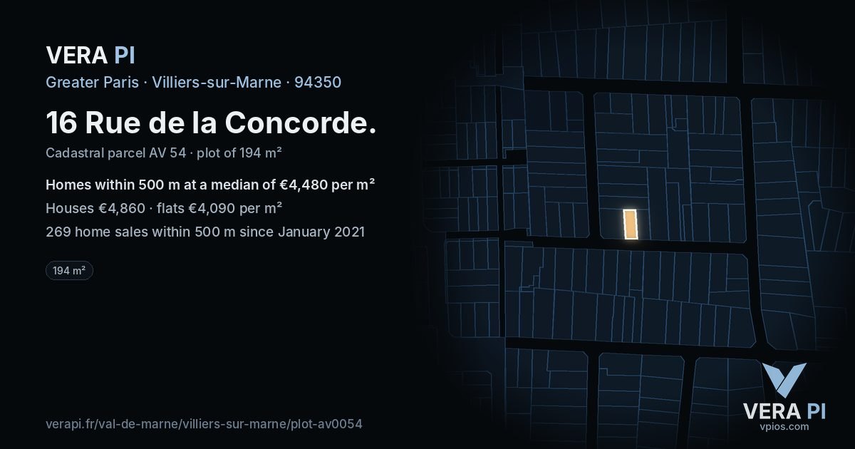 16 Rue de la Concorde, Villiers-sur-Marne at night – the plot lit, the parcels around coloured by the prices near them