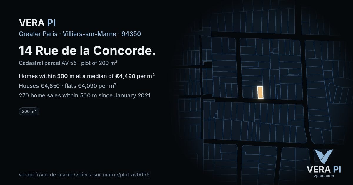 14 Rue de la Concorde, Villiers-sur-Marne at night – the plot lit, the parcels around coloured by the prices near them