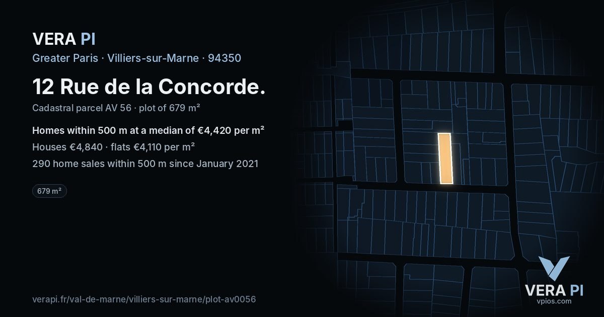 12 Rue de la Concorde, Villiers-sur-Marne at night – the plot lit, the parcels around coloured by the prices near them