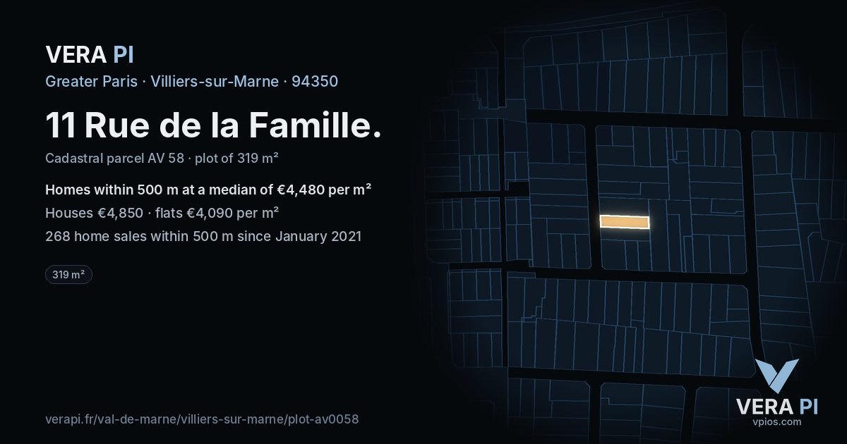 11 Rue de la Famille, Villiers-sur-Marne at night – the plot lit, the parcels around coloured by the prices near them