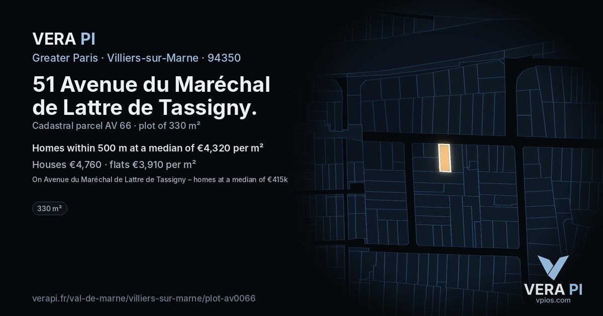 51 Avenue du Maréchal de Lattre de Tassigny, Villiers-sur-Marne at night – the plot lit, the parcels around coloured by the prices near them
