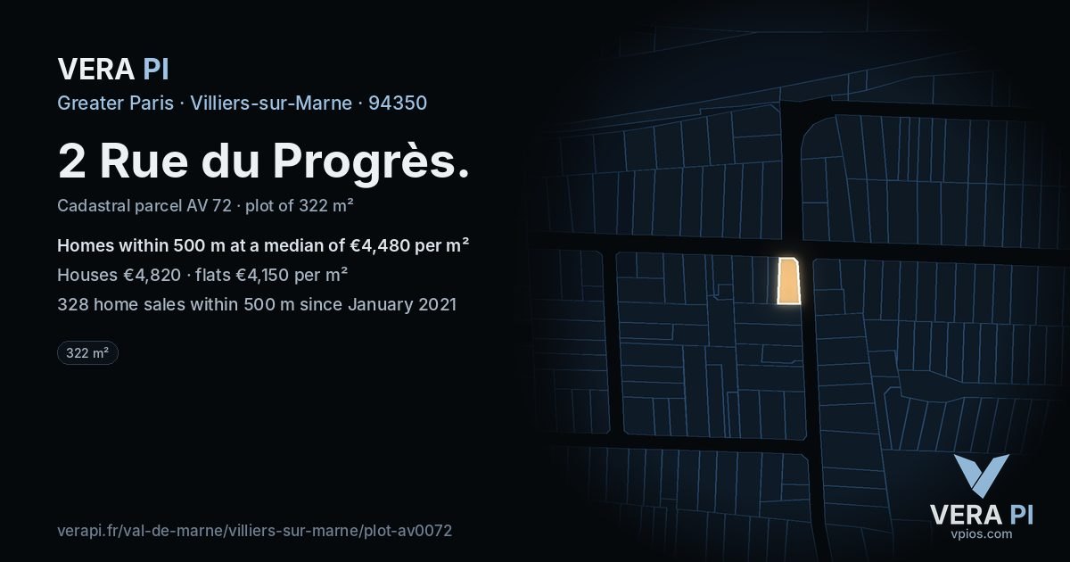 2 Rue du Progrès, Villiers-sur-Marne at night – the plot lit, the parcels around coloured by the prices near them