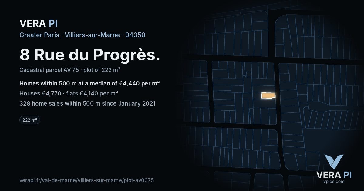 8 Rue du Progrès, Villiers-sur-Marne at night – the plot lit, the parcels around coloured by the prices near them