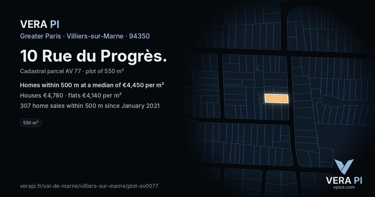 10 Rue du Progrès, Villiers-sur-Marne at night – the plot lit, the parcels around coloured by the prices near them