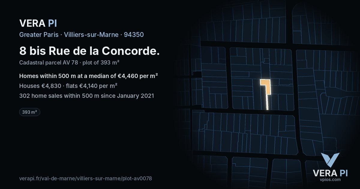 8 bis Rue de la Concorde, Villiers-sur-Marne at night – the plot lit, the parcels around coloured by the prices near them