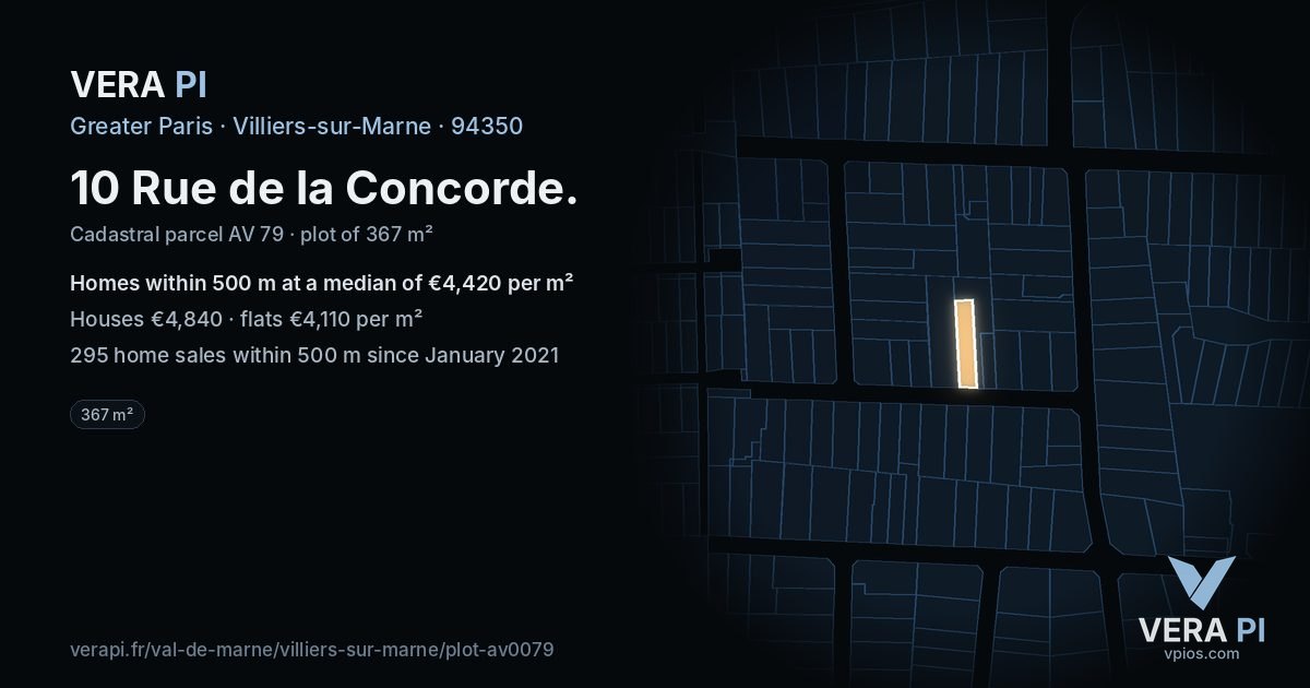 10 Rue de la Concorde, Villiers-sur-Marne at night – the plot lit, the parcels around coloured by the prices near them