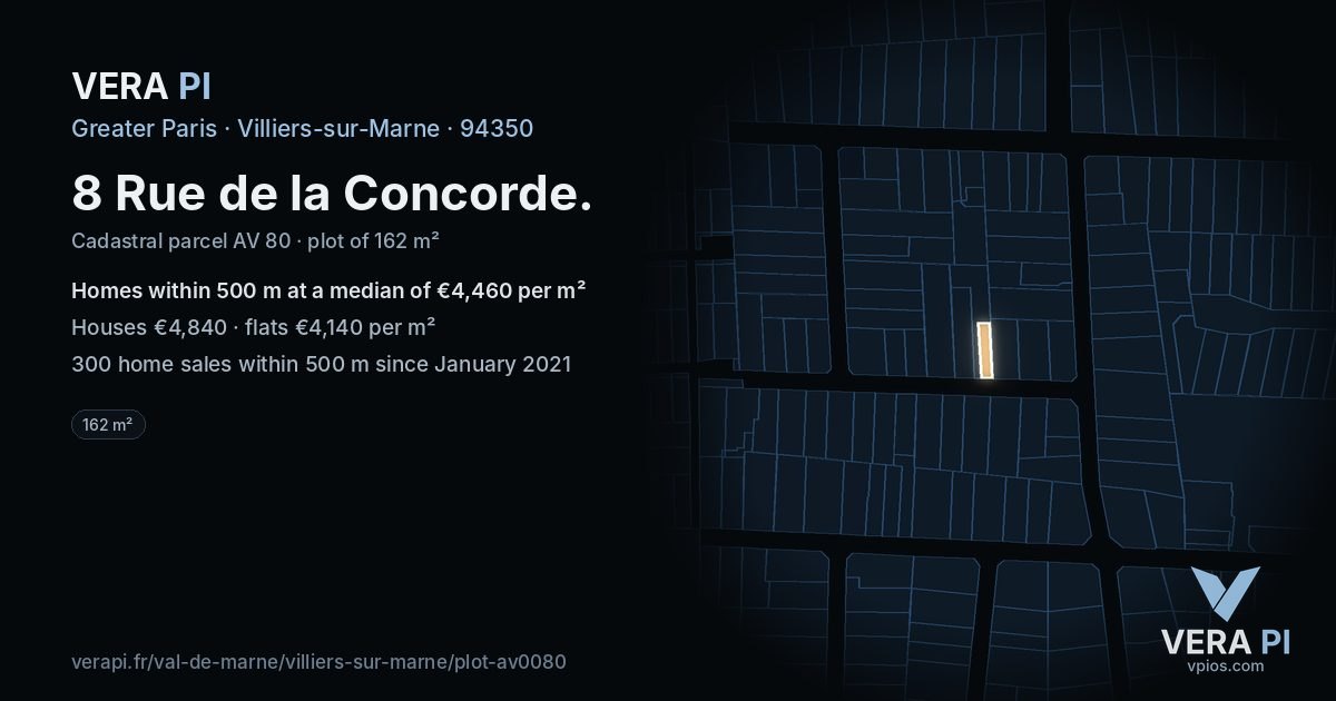 8 Rue de la Concorde, Villiers-sur-Marne at night – the plot lit, the parcels around coloured by the prices near them