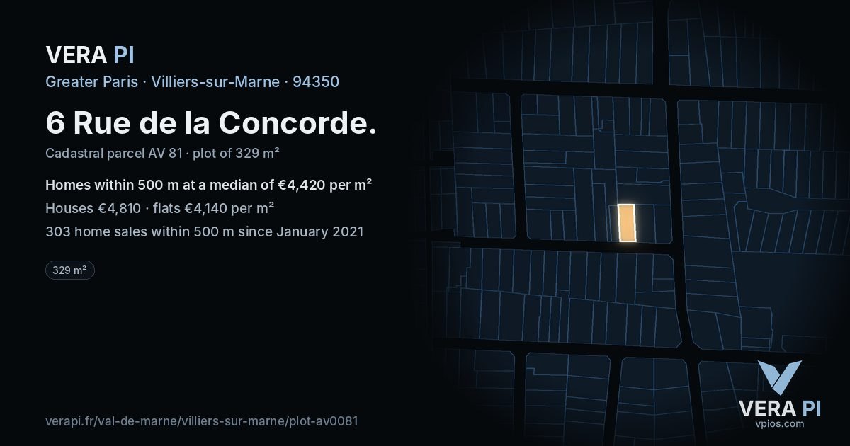 6 Rue de la Concorde, Villiers-sur-Marne at night – the plot lit, the parcels around coloured by the prices near them