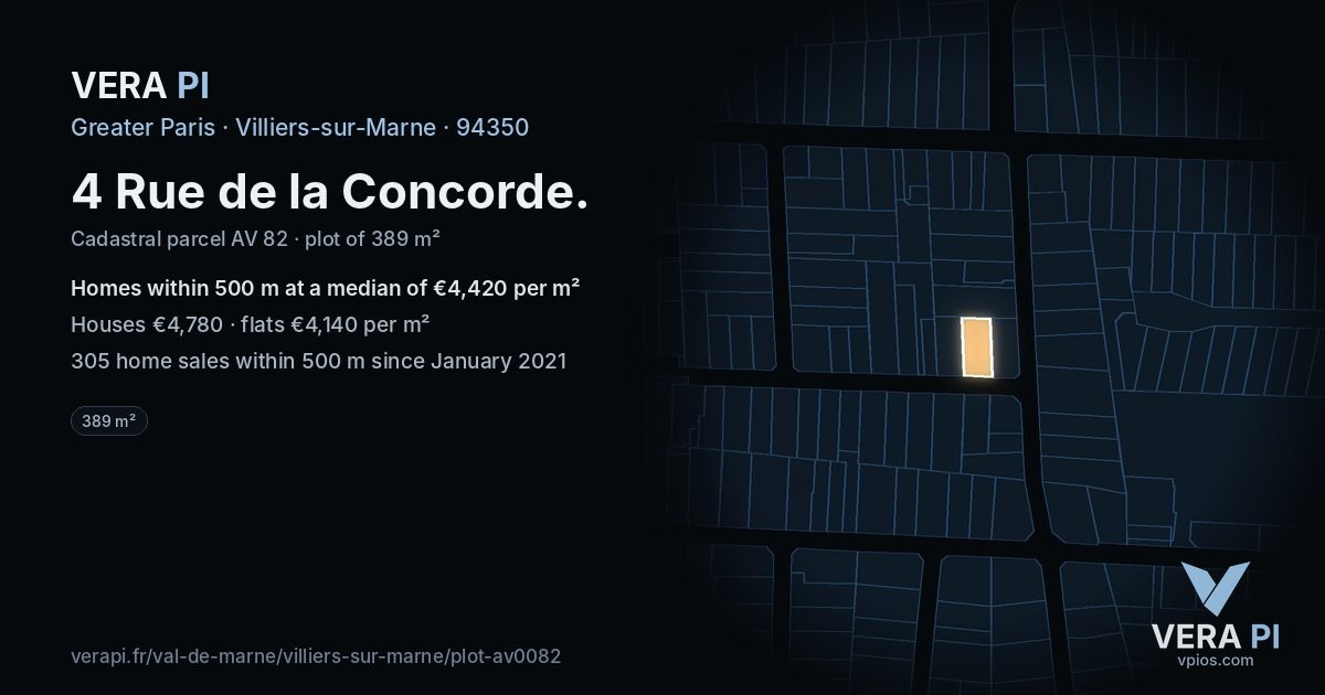 4 Rue de la Concorde, Villiers-sur-Marne at night – the plot lit, the parcels around coloured by the prices near them