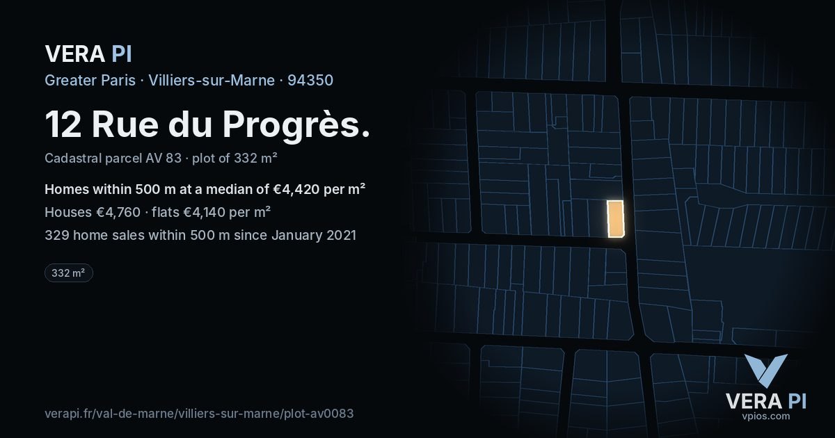 12 Rue du Progrès, Villiers-sur-Marne at night – the plot lit, the parcels around coloured by the prices near them